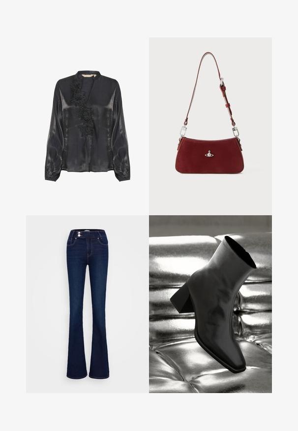 Culture Palaidinė - black; Tamsiai mėlynos plačios džinsinės kelnės su aukštu liemeniu, dviem priekinėmis kišenėmis ir dviem mygtukais. Pagamintos iš lygios tekstūros džinsinio audinio.; Juodos kulkšnies botai, pagaminti iš blizgaus medžiagos, su kvadratine padu ir siauru kulnu, prieš blizgiai sidabrinį pūsto audinio foną.; Raudona zomšinė petnešinė rankinė su linkusia forma. Pabrėžia sidabrinio atspalvio akcentas ir reguliuojama petneša su detaliu apdorojimu. Lygi tekstūra.