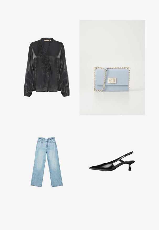 Culture Camicetta - black; Jeans larghi in denim blu chiaro a vita alta, caratterizzati da un lavaggio sbiadito e da piccoli dettagli strappati sparsi.; Tacchi slingback in pelle verniciata nera con punta affusolata, design con tagli laterali e tacco quadrato piccolo. Texture liscia con dettagli minimi.; Borsa a tracolla in pelle azzurro chiaro con una catena dorata, forma rettangolare e una chiusura frontale con logo. Texture liscia e design minimalista.