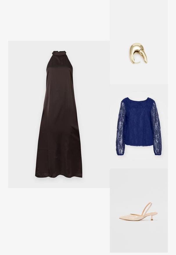 Top in pizzo blu navy con maniche lunghe e trasparenti; presenta un colletto rotondo e un motivo floreale testurizzato su tutta la superficie del tessuto.; Abito in satin marrone con scollatura a halterneck, corpetto aderente, gonna fluida e cerniera invisibile sul retro. Texture liscia e lucida.; Décolleté in vernice color beige con punta affusolata e tacco slim a forma quadrata. Texture liscia e design minimalista senza decorazioni.; Borsa finta coccodrillo gialla con design strutturato, manico superiore, tracolla a catena removibile e abbellimenti in cristallo decorativi sulla chiusura.; Orecchino in metallo color oro con un design elegante e curvo. Presenta una forma appuntita distintiva, superficie lucida e chiusura a cerniera.