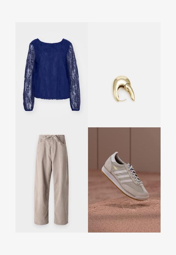 Tamsiai mėlyna nėrinių palaidinė su ilgomis, permatomomis rankovėmis; turi apvalų kaklą ir tekstūruotą gėlių raštą visame audinyje.; Šviesiai rudi kordūriniai kelniai, laisvo kirpimo, su raišteliu reguliuojamu juosmeniu, dviem priekinių kišenėlių ir vertikalia juostele.; Smėlio spalvos sportiniai bateliai su zomšiniu ir tinkliniu viršumi, baltais trimis juostelėmis, gumine padu, mėlynomis raištelėmis ir auksiniu logotipo akcentu. Klasikinis retro dizainas.; Aukso tono metalinės auskarai su stilingu, kreiviu dizainu. Išsiskiria ryškiu smailiu pavidalu, poliruota paviršiumi ir užsegimu su vyriu.