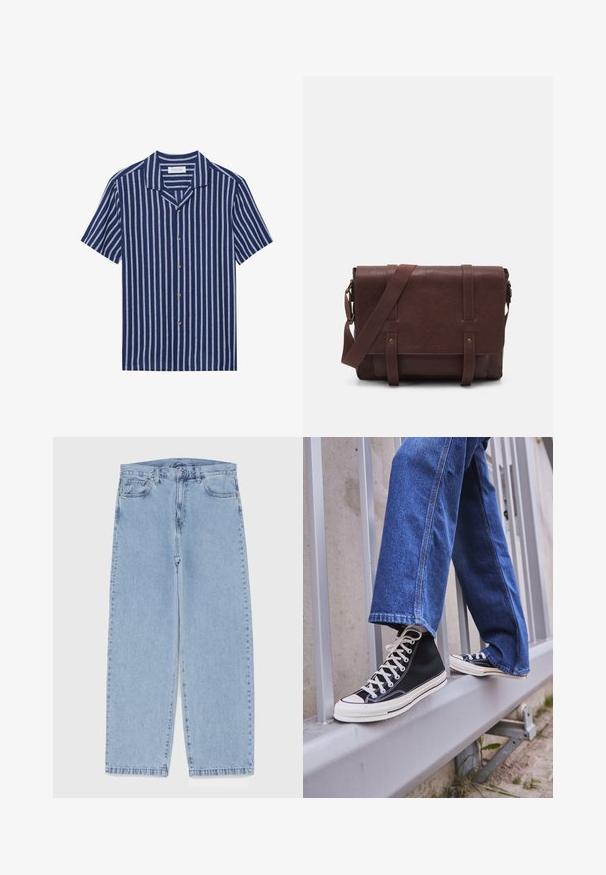 Pier One LINEN MIX BLEND SHIRT - Cămașă - dark blue/white; Top din bumbac alb, cu decolteu rotund, bretele late și margine dreaptă, având o textură fină și fără modele vizibile.; Jeans din denim de culoare albastru deschis, cu un design cu picioare drepte, având talie medie, cinci buzunare și un sistem de închidere cu nasture și fermoar.; Tenisi negri tip gheată cu talpă și șireturi albe, asortați cu blugi albaștri largi, sprijiniți pe un balustradă gri.; Geantă de umăr din piele maro, cu un capac frontal plat, două curele, accente din hardware auriu și o curea de umăr reglabilă.