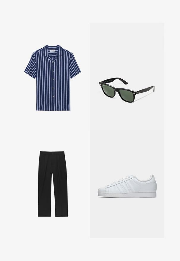 Pier One LINEN MIX BLEND SHIRT - Hemd - dark blue/white; Schwarze Hose mit geradem Schnitt, aus einem glatten Stoff gefertigt. Verfügt über Vorderfalten und einen einzelnen Knopfverschluss an der Taille.; Weiße Ledersneaker mit einer strukturierten Gummi-Zehenkappe, drei seitlichen Streifen und einem gepolsterten Kragen. Flache weiße Schnürsenkel und ein minimalistisches Design.; Schwarze Plastiksonnenbrille mit grünen Gläsern, quadratischen Rahmen, silbernem Akzent auf der Augenbraue und strukturierten Bügeln. Angegebene Marke auf dem inneren Bügel.; Digitale Casio-Uhr mit schwarzem Ziffernblatt, silbernem Edelstahlband, rechteckigem Gehäuse sowie Tasten für Licht, Rundenrücksetzung und Moduswechsel.