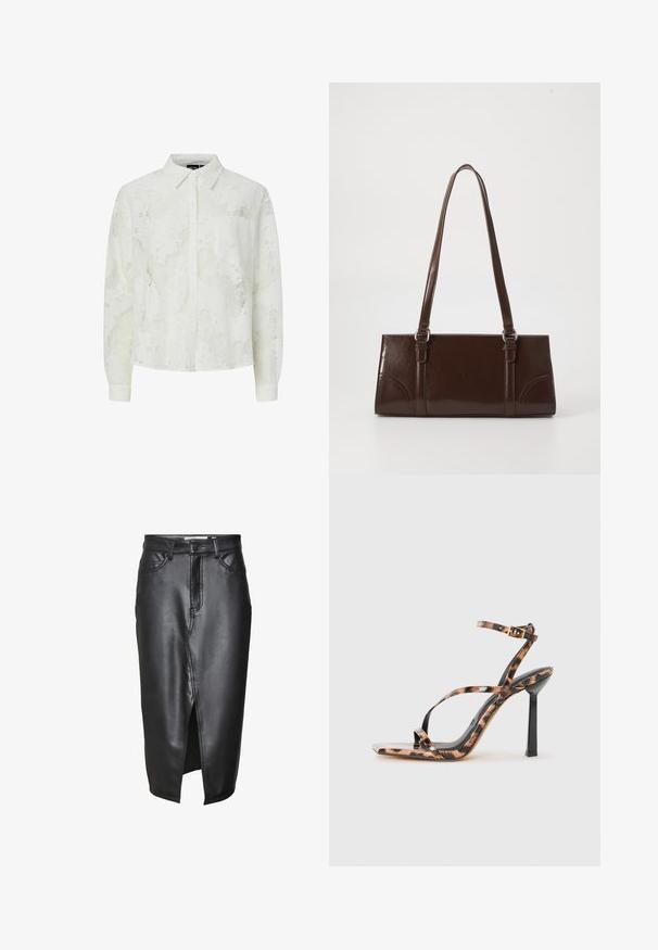 Witte blouse met lange mouwen, voorzien van een bloemenkant structuur, knoopsluiting aan de voorkant, klassieke kraag, enkele borstzak en omgeslagen mouwen.; Zwarte leren rok met een middellange ontwerp, voorzien van een split aan de voorkant, klassieke riemlussen en gestikte details langs de naden.; Gevlochten hoge hak sandalen met een vierkante teen, voorzien van een luipaardprintpatroon in bruin- en zwarttonen op een glanzende afwerking.; Bruine lakleren handtas met een rechthoekige vorm, twee lange handvatten en subtiele gebogen accenten aan de voorkant.