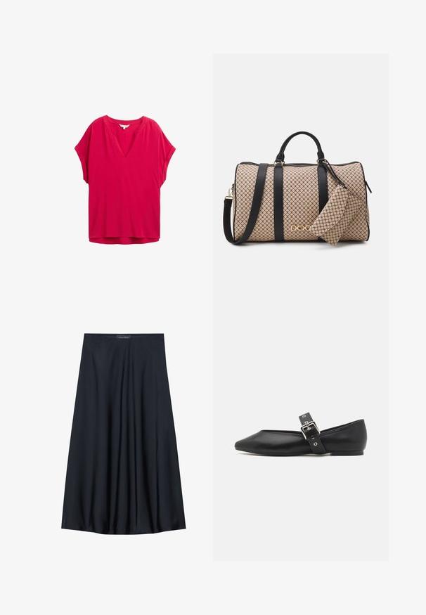 Fuchsia kortærmet bluse med V-hals, afslappet pasform og glat tekstur. Har subtil stikning langs halsudskæringen.; Sort, knælang nederdel lavet af letvægtsstof med et svævende design. Har en glat tekstur og subtile plisseringer for en ekstra detalje.; Sorte læder flade sko med spids tå, side rem med en sølv spænde og en lav hæl. Glat tekstur og minimalistisk design.; Duffel taske med en beige mønstret ydre, sorte læderstropper, gyldent hardware og en lille matchende pung fastgjort. Struktureret design.
