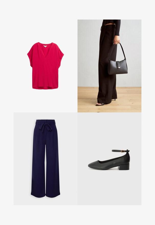 Blouse fuchsia à manches courtes avec un col en V, coupe décontractée et texture lisse. Présente des détails de couture subtils le long de l'encolure.; Anna Field Pantalon classique - dark blue; Escarpin en cuir noir avec un bout pointu et un petit talon bloc. Doté d'une bride de cheville avec une boucle dorée. Texture lisse.; Sac à main noir à la forme structurée, texture lisse et fermoir métallique. Associé à un pantalon noir ample et des sandales ouvertes sur un sol en bois.