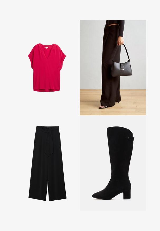 Fuchsijová blúzka s krátkym rukávom, V-výstrihom, voľným strihom a hladkou textúrou. Obsahuje jemné švy pozdĺž výstrihu.; Čierne široké nohavice s textúrovanou tkaninou, elastickým pásom a odnímateľným viazaním na páse pre nastaviteľné priliehanie.; Čierne semišové čižmy po kolená s špicatou špičkou a blokovým podpätkom. Vyznačujú sa hladkou textúrou a jednoduchým dizajnom, s bočným pásikom ako akcentom.; Čierna kabelka so štruktúrovaným tvarom, hladkou textúrou a kovovou sponou. V kombinácii so širokými čiernymi nohavicami a sandálmi s otvorenou špičkou na drevenej podlahe.
