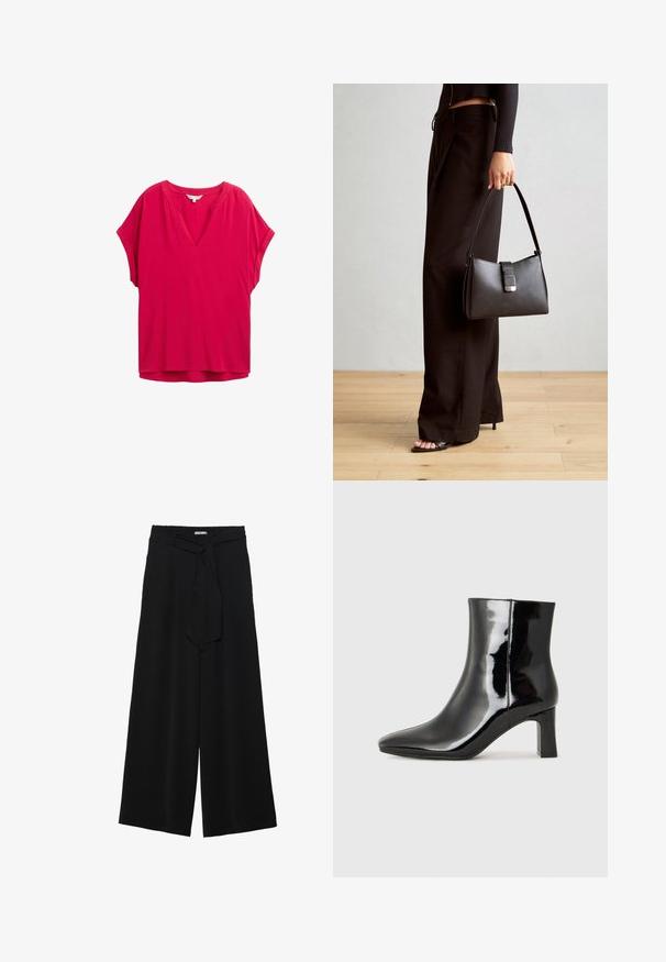 Fuksijasti kratka bluza s kratkimi rokavi in V-izrezom, sproščenega kroja in gladke teksture. Značilna je diskretna šivna podrobnost ob ovratniku.; Črne široke hlače iz teksturirane tkanine, z elastičnim pasom in odstranljivim trakom na pasu za prilagodljivo prileganje.; Črne lakirane gležnjarje z ošiljenim nosom in srednje visokim blokastim peto. Gladka tekstura in minimalističen dizajn.; Črna torbica z strukturirano obliko, gladko teksturo in kovinskim zaponko. Ujemajo se z širokimi črnimi hlačami in odprtimi sandali na lesenem tleh.