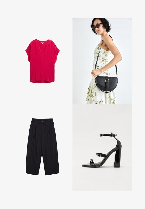 Blouse fuchsia à manches courtes avec un col en V, coupe décontractée et texture lisse. Présente des détails de couture subtils le long de l'encolure.; Pantalon culotte noir en polyester avec une taille élastique, deux plis avant et une silhouette ample. Pas de motifs visibles ni de détails matériels.; Sandales à talons vernies noires avec un bout carré, des sangles autour de la cheville et des boucles en argent. Dotées d'un talon bloc épais pour plus de stabilité.; Sac à main en cuir noir avec une forme courbée, bandoulière amovible et des accessoires en or. Le sac est doté d'un rabat avec un détail de boucle.