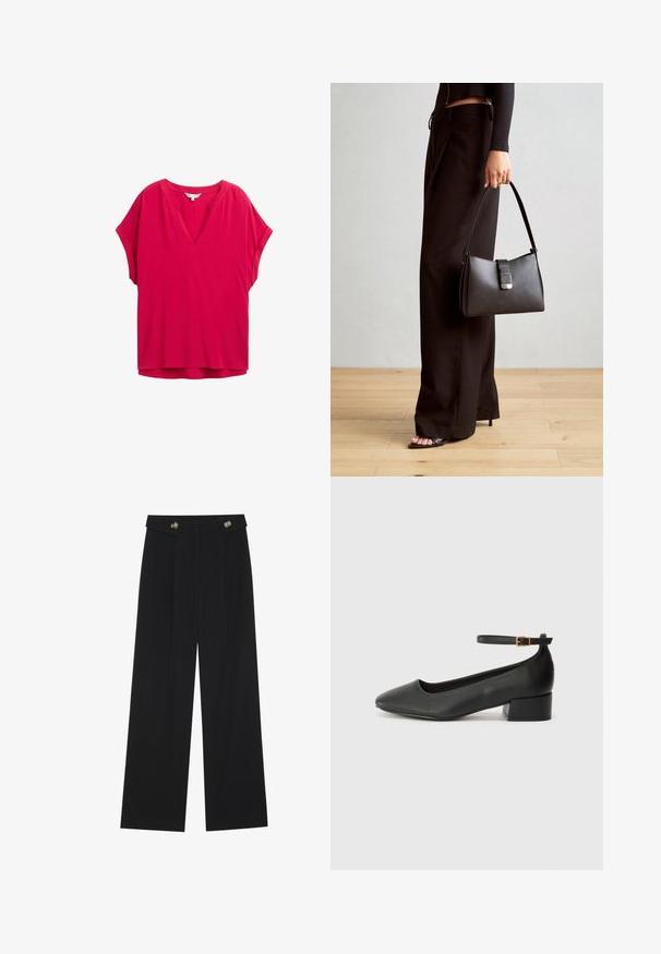 Blusa fucsia a maniche corte con scollatura a V, vestibilità comoda e superficie liscia. Presenta un delicato dettaglio cucito lungo il colletto.; Pantaloni neri a gamba larga con vita alta, dettagli con bottoni in vita e pieghe frontali.; Pump in pelle nera con punta affusolata e tacco basso a blocco. Presenta una cinghia alla caviglia con una fibbia in tonalità oro. Texture liscia.; Borsa nera con forma strutturata, texture liscia e una chiusura metallica. Abbinata a pantaloni neri larghi e sandali open-toe su un pavimento in legno.