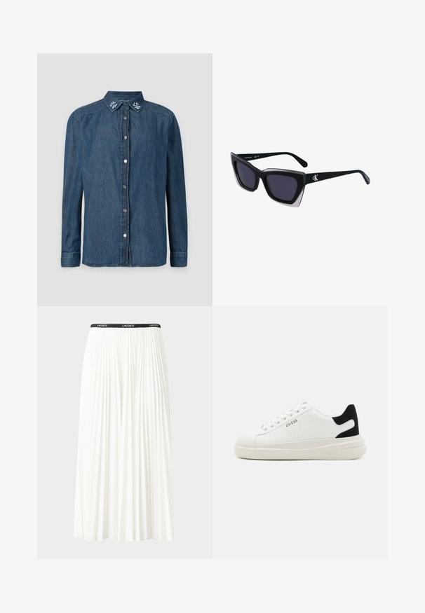 Blaue Denim-Hemd mit langen Ärmeln, das über eine durchgehende Knopfleiste, einen spitzen Kragen und gestickte Blumendetails am Kragen verfügt.; Faltenrock aus Weiß mit einem schwarzen elastischen Bund, der das "LACOSTE"-Logo trägt. Mittellanges Design mit weicher Textur.; Weiße Leder-Sneaker mit einer dicken weißen Sohle, schwarzem Wildlederakzent an der Ferse und geprägtem Logo an der Seite. Schnürdesign mit sechs Ösen.; Schwarze übergroße Sonnenbrille mit geometrischer Form, ausgestattet mit dunklen Gläsern und einem kontrastierenden grauen Detail im Rahmen. Logo am Bügel.