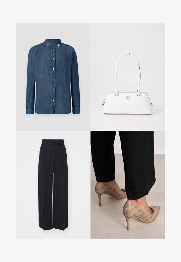 Sininen farkkutakki pitkähihaisella, jossa on nappirivistö, terävä kaulus ja brodeeratut kukka-aitteet kauluksessa.; Leveled black trousers made of soft fabric. Features a belted waistband and front pleats. Smooth texture with a clean, contemporary design.; Beige korkokenkiä, joissa on teksturoitu kangas, jossa on toistuva kuvio. Teräväkärkinen muotoilu, takana korostus ja kultaiset korkodetaalit.; Valkoinen nahkalaukku, jossa on kaareva muoto, hopeinen kolmion muotoinen logo ja vetoketjukiinnitys. Liukas pinta ja kaksinkertaiset kahvat.