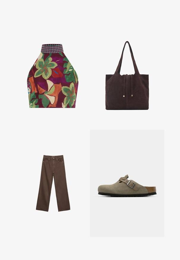 Kukallinen halterneck-toppi, jossa on violetti tausta ja vihreitä sekä oransseja kukkia. Koristeltu teksturoidulla kauluksessa, jossa on vihreitä ja vaaleanpunaisia sävyjä.; Leviittävät ruskeat farkut, jotka on valmistettu denimistä, korkea vyötärö, etutaskut ja klassinen nappikiinnitys. Silkkinen pinta hienovaraisella ompelutyöllä.; Korkkipohjaiset mokkanahkaiset klossit vaaleassa oliivinvihreässä. Varustettu metallisoljella ja pyöristetyllä varpaalla.; Mango Shopping bag - dark brown