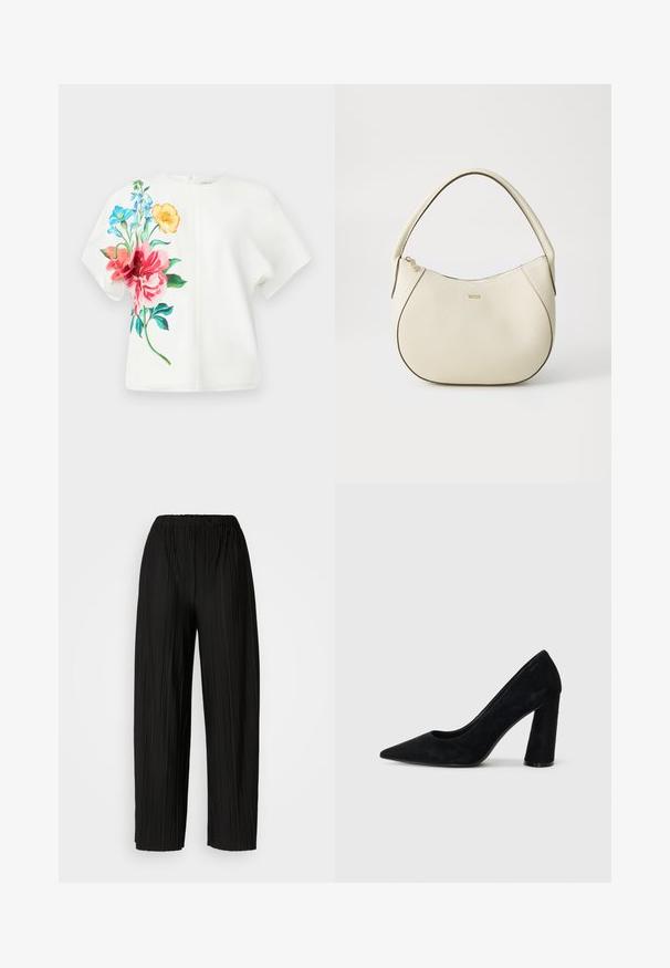 Valge lühikeste varrukatega top, millel on elav lillemuster roosa, sinise ja oranži toonides vasakul küljel; sile materjal ja mugav lõige.; Mustad voodri laiad püksid elastse vöökoha ja vertikaalsete volangidega, millel on sile tekstuur.; Must musta kõrge kontsaga kingad terava ninaga ja turske kontsaga. Siidine disain, sile tekstuur ja minimalistlik stiil. Pole nähtavat brändimist.; Kreemivärvi käsipott, millel on tekstureeritud viimistlus, kumer kuju, lühike käepide ja kuldse tooniga logo detail. Ülemine lukustus.