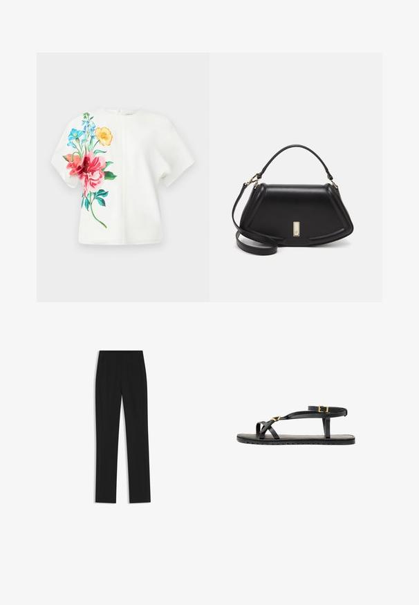 Weißes Kurzarmoberteil mit lebhaftem Blumenmuster in Pink, Blau und Orange auf der linken Seite; glattes Material mit lässiger Passform.; Schwarze maßgeschneiderte Hose mit geradem Bein, ausgestattet mit Fronttaschen und einem glatten, strukturierten Stoff. Saubere, minimale Details.; Schwarze Ledersandalen mit dünnen Riemen und einem geschnallten Knöchelriemen. Flache Sohle mit texturiertem Finish und Zickzackkante. Minimalistisches Design.; Schwarze Lederhandtasche mit einem strukturierten Design, das eine verkürzte Form, einen oberen Griff und goldfarbene Hardware-Details aufweist. Verstellbarer Schulterriemen ist enthalten.