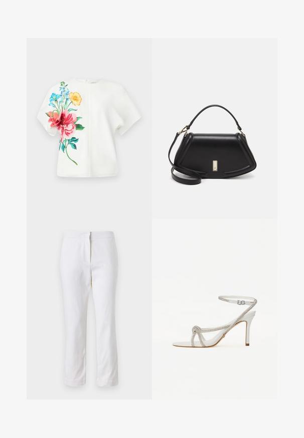 Top bianco a maniche corte con vivace stampa floreale in rosa, blu e arancione sul lato sinistro; tessuto liscio con una vestibilità comoda.; Pantaloni bianchi in cotone con design a gamba dritta, caratterizzati da una vita a media altezza e senza hardware o motivi visibili. Tessuto liscio su tutta la superficie.; Sandal con tacco alto bianco con cinturino testurizzato e strass, design aperto sulla punta e cinturino alla caviglia con fibbia regolabile.; Borsa a mano in pelle nera con un design strutturato, caratterizzata da una forma corta, manico superiore e accessori in metallo dorato. Inclusa tracolla regolabile.
