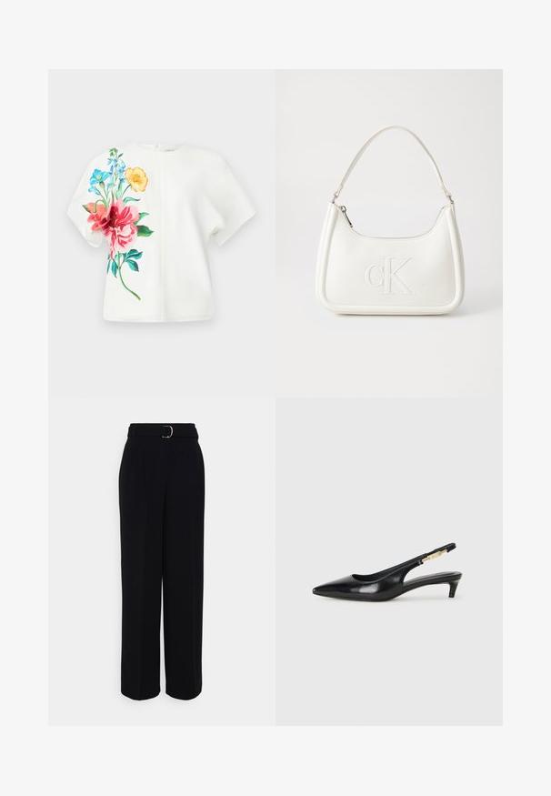 Fehér, rövid ujjú felső, élénk virágmintával rózsaszín, kék és narancssárga színekben a bal oldalon; sima anyagból készült, laza szabású.; Fekete, testre szabott nadrág, széles szárű sziluettel, ezüst csattal ellátott övvel, pliszékkel és sima textúrával.; Fekete bőr slingback magassarkúk, hegyes orral, vékony sarkakkal és arany színű részlettel a állítható pánton. Simа felület.; Fehér bőrtáska ívelt formájú, elöl feltűnő "CK" logóval, egyetlen vállpánttal. Cipzáras zárás a tetején.