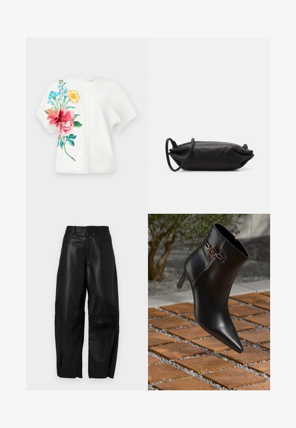 Valkoinen lyhythihainen paita, jossa on kirkas kukkakuosi vaaleanpunaisena, sinisenä ja oranssina vasemmalla puolella; sileä kangas ja rento istuvuus.; Mustat nahkahousut, joissa on löysä istuvuus, suora lahje, etutaskut ja näkyvät ompeluyksityiskohdat.; Mustat nahkaiset nilkkasaappaat, joissa on teräväkärkinen muoto ja pieni korko. Nilkassa on kullanvärinen ketjuyksityiskohta. Saappaat ovat tekstuurilla varustetun kivipinnan ympäröimiä.; Musta nahkainen kukkaro, jossa on suorakaiteen muoto, sileä pinta, ohut olkahihna ja minimalistinen muotoilu.