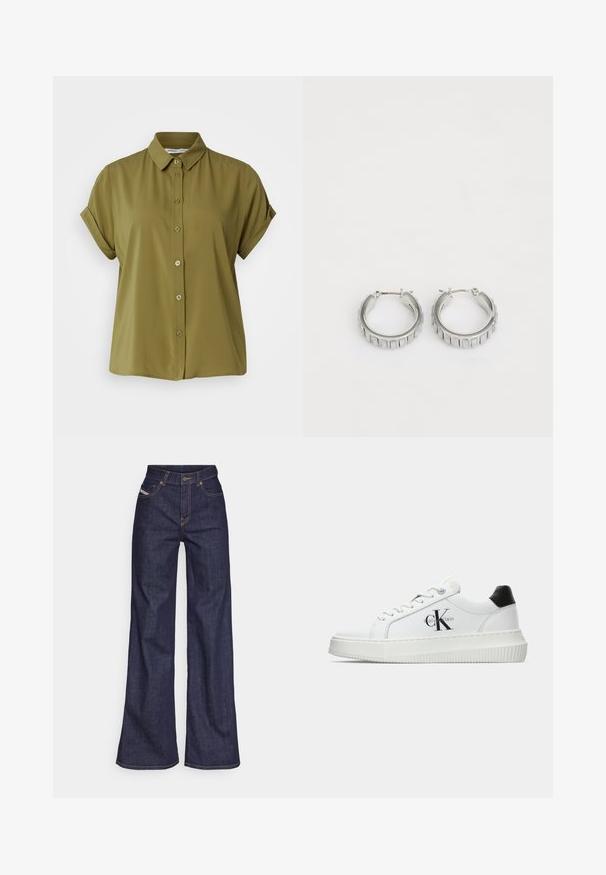 Samsøe Samsøe MAJAN SS - Button-down blouse - olive; Dark blue wide-leg jeans in denim fabric with a high waist, featuring orange stitching, five-pocket design, and a button closure.; White low-top sneaker with black heel tab, platform sole, laces, and Calvin Klein "CK" logo on the side.; Silver hoop earrings with a textured design featuring vertical ridges. Circular shape with a secure latch closure. Smooth finish.