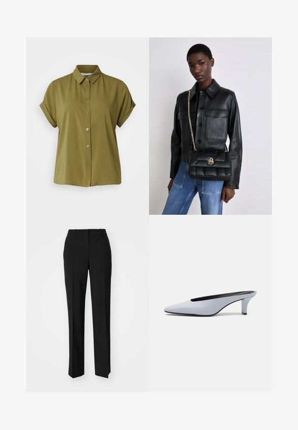 Samsøe Samsøe MAJAN SS - Button-down blouse - olive; Black tailored trousers with a straight-leg design, featuring a smooth texture and crisp creases along the front. No visible hardware.; Light blue patent leather mule with a pointed toe, low transparent heel, and a sleek design featuring a cut-out at the vamp.; Black leather jacket with button closure and two front pockets, paired with a black quilted handbag featuring a gold clasp and chain strap.