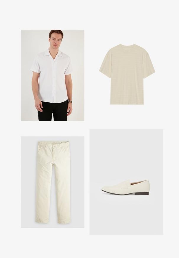 Weißes Kurzarmhemd mit gerippter Textur, einem aufgesetzten Kragen und Knopfleiste. Kombiniert mit schwarzen Hosen, die ein lässiges Design aufweisen.; Cremfarbener T-Shirt mit kurzen Ärmeln, das über eine subtile gestreifte Textur und einen runden Ausschnitt verfügt, aus leichtem Stoff gefertigt.; Helle beigefarbene, lässig geschnittene Hose mit drei Taschen, Gürtelschlaufen und geradem Bein. Hergestellt aus einem weichen Baumwoll-Mix.; Hellbeige Slipper mit spitzem Zehenbereich, glattem Material, einem Riemen über dem Vorderfuß und einer niedrigen braunen Sohle. Einfaches Design mit minimalen Akzenten.