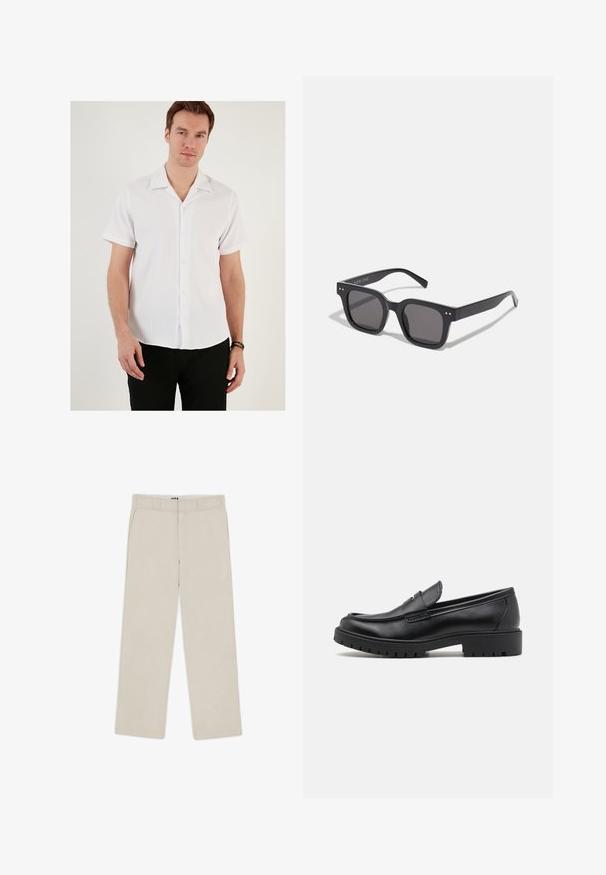 Balta īsām piedurknēm krekls ar ribotu tekstūru, izplatītu apkakli un pogu priekšpusi. Apvienots ar melniem biksēm, kas parāda neformālu dizainu.; Balts īsās piedurknes T-krekls, izgatavots no mīksta kokvilnas, ar apaļu kakla izgriezumu un brīvu piegriezumu ar taisnu apakšmalu. Nav redzami raksti vai akcenti.; Beige plati bikses ar gludu tekstūru, ar jostu cilpiņām, divām priekšējām kabatām un ar rāvējslēdzēja aizdari. Minimālisma dizains.; Melni ādas loafers ar noapaļotu pirkstu, viegli uzvelkami, un biezu gumijas zoli ar teksturētu saķeri. Pacelta papēža un diskrētas šuvju detaļas.; Melnas taisnstūra saulesbrilles ar tumšiem stikliem, kuras iezīmē bieza rāmja konstrukcija, diskrēti akcenti sānos, un nav redzamu logo ārpus zīmola nosaukuma.; Metāla kvarca pulkstenis ar melnu seju, baltām ciparnīcām un datuma displeju. Aprīkots ar nerūsējošā tērauda siksniņu un ūdensizturību līdz 100 m.