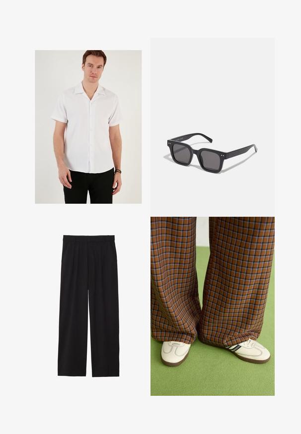 Weißes Kurzarmhemd mit gerippter Textur, einem aufgesetzten Kragen und Knopfleiste. Kombiniert mit schwarzen Hosen, die ein lässiges Design aufweisen.; Schwarze, weite Hose mit gefälteltem Vorderteil, seitlichen Taschen und einer glatten Stoffstruktur. Entworfen für eine entspannte Passform.; Braun und blaue Karohosen mit weitem Bein, kombiniert mit weißen Schuhen mit schwarzen Akzenten und strukturierten Sohlen, vor einem grünen Hintergrund.; Schwarze rechteckige Sonnenbrillen mit dunklen Gläsern, die einen dicken Rahmen, subtile Akzente an den Seiten und keine sichtbaren Logos außer dem Markennamen aufweisen.