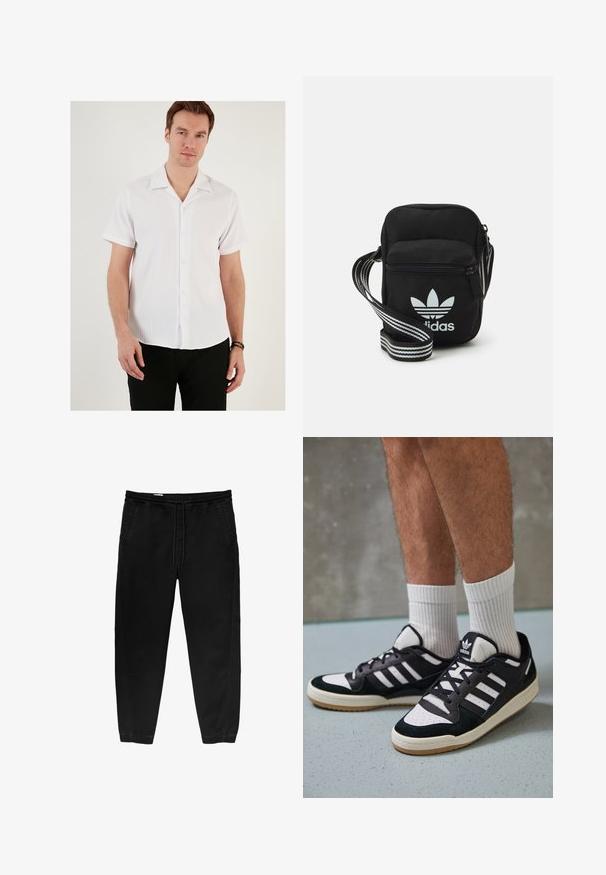 Weißes Kurzarmhemd mit gerippter Textur, einem aufgesetzten Kragen und Knopfleiste. Kombiniert mit schwarzen Hosen, die ein lässiges Design aufweisen.; Schwarze Hose mit elastischem Bund und Kordelzug, tapered Beinen, Seitentaschen und subtilen seitlichen Stickdetails. Weicher Baumwollstoff.; Schwarz-weiße Sneaker mit einem Obermaterial aus Wildleder und Leder, ausgestattet mit drei weißen Streifen, einer perforierten Zehenpartie und einer Sohle aus Gummi.; Schwarze Umhängetasche aus Stoff mit Reißverschluss, ausgestattet mit einem weißen Adidas-Logo und einem gestreiften, verstellbaren Tragegurt für einfachen Transport.