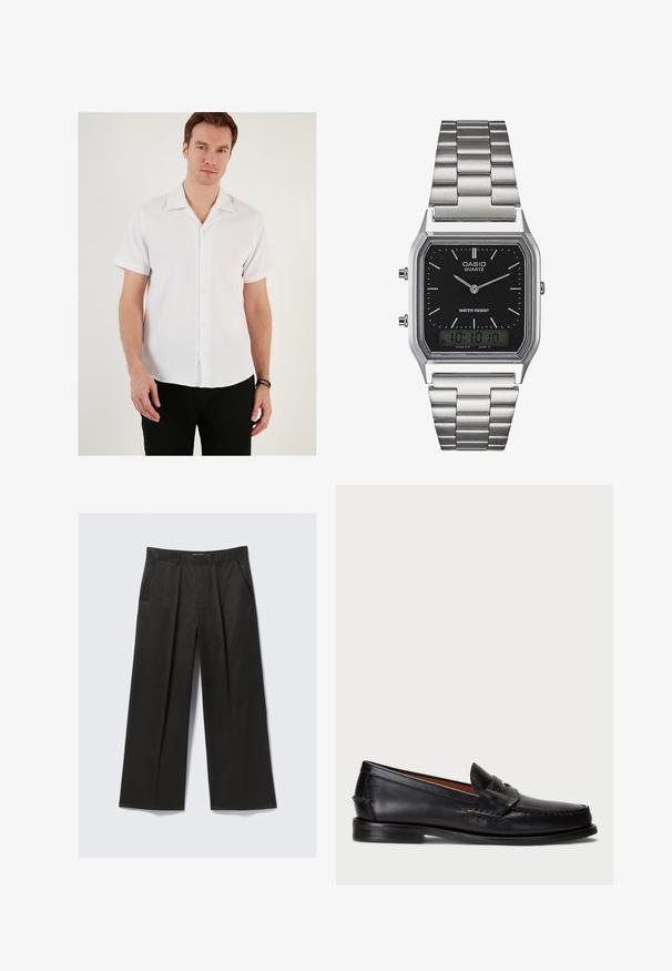 Biała koszula z krótkim rękawem o prążkowanej fakturze, z kołnierzykiem typu spread i zapięciem na guziki. Zestawiona z czarnymi spodniami, prezentującymi swobodny styl.; Czarne spodnie szerokie w nogawkach o gładkiej fakturze, z dwoma przednimi kieszeniami i lekko podniesionym pasem.; Czarne skórzane mokasyny z okrągłym czubkiem, przeszyciami na detalach oraz ozdobnym paskiem z przodu. Płaska podeszwa o minimalistycznym profilu.; Srebrny zegarek kwarcowy ze stali nierdzewnej z czarną prostokątną tarczą, wyposażony w analogowe wskazówki, wyświetlacz cyfrowy oraz oznaczenie odporności na wodę.
