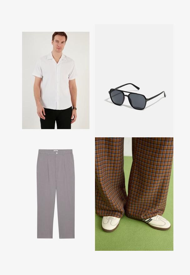 Balta trumpo rankovės marškiniai su raštuota tekstūra, skleidžiamu apykakle ir mygtukais priekyje. Sujungti su juodomis kelnėmis, pabrėžiant atsitiktinį dizainą.; Pilki pritaikyti kelnių su tiesiu kirpimu, su dviem priekinių kišenėlių, klostėmis ir mygtukų uždarymu. Pagamintos iš lengvos medžiagos.; Rudos ir mėlynos langelinės plačios kelnės, derinamos su baltais batais su juodais akcentais ir tekstūruotais padais, prieš žalią foną.; Juodos akiniai nuo saulės su aštuonkampiu rėmeliu, tamsiais objektyvais, blizgiu paviršiumi, plonomis šakutėmis ir auksinėmis akcentais priekyje.