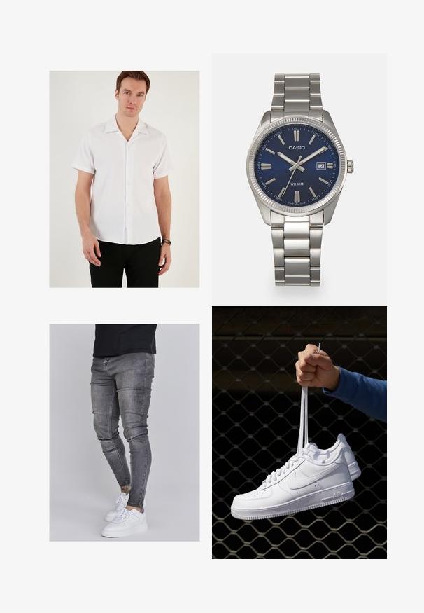 Valge lühikeste varrukatega särk ribakonstruktsiooniga, laia kraega ja nööpide ees. Kombineeritud mustade püksidega, mis rõhutavad juhuslikku stiili.; Kitsad teksad tuhmhall denimil, millel on kulunud detailid põlvedes, koos valgete tossudega. Sile tekstuur, kitsas lõige.; Valged nahast tennisetossud, millel on perforatsioonid, ümar nina, lame tallus ja paksud nöörid, nähtava swooshi logoga ja "AIR" kontsadel.; Hõbedane roostevabast terasest käekell, tumesinise lõpliku, metallsete tuntud numbrite ja kuupäevanäidikuga kell 3 juures. Veekindel kuni 50 meetrit.