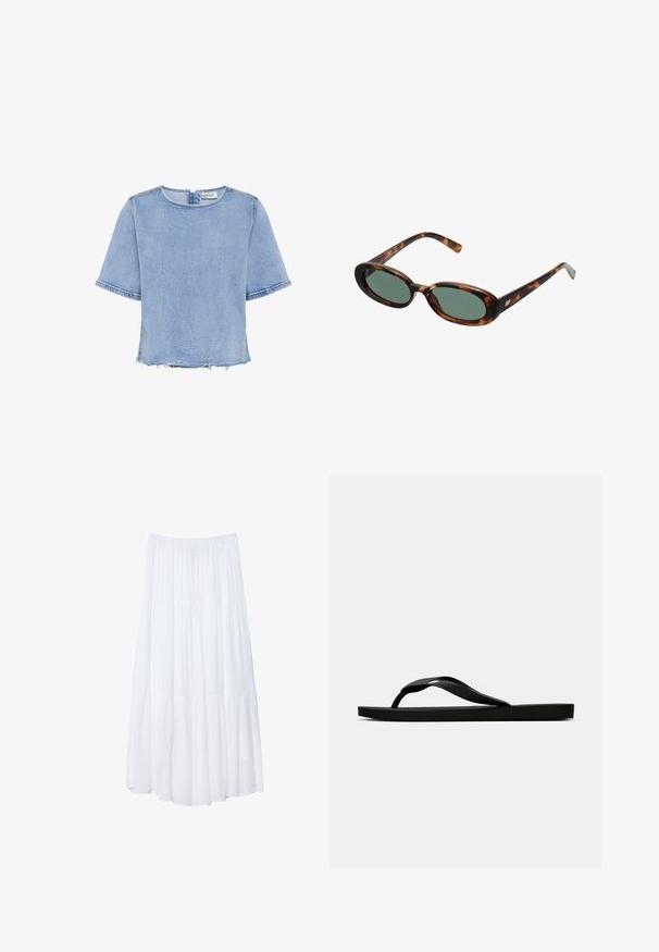 My Essential Wardrobe LATTI - Blúzka - light blue retro wash; Biela, tierovaná maxi sukňa vyrobená z ľahkej tkaniny. Má elastický pás a voľný dizajn s jemnou, subtílnou textúrou.; Čierne gumené žabky s textúrovaným popruhom a jednoduchou plochou podrážkou, zobrazené z boku na jednofarebnom svetlom pozadí.; Slnečné okuliare v štýle korytnačiny s oválnymi rámami a zelenými sklami. Majú tenké nožičky s kovovým akcentom pri pántoch.
