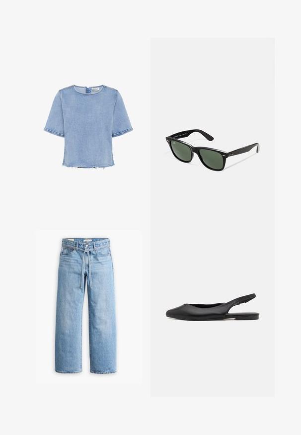 My Essential Wardrobe LATTI - Blūze - light blue retro wash; Gai zila džinsa auduma platā stila bikses ar augstu vidukli, pogu un rāvējslēdzēju, kā arī auklas detaļu viduklī. Neapstrādāta apakšmalu apdare.; Melnas ādas siksnu kurpes ar smailu purngalu, plakanu papēdi un izliekta izgriezuma dizainu. Gluda tekstūra un minimālistisks stils.; Melnas plastmasas saulesbrilles ar zaļiem lēciem, kvadrātveida rāmjiem, sudrabainu akcentu uz uzacīm un teksturētām tempļu kājām. Zīmols norādīts uz iekšējās kājas.