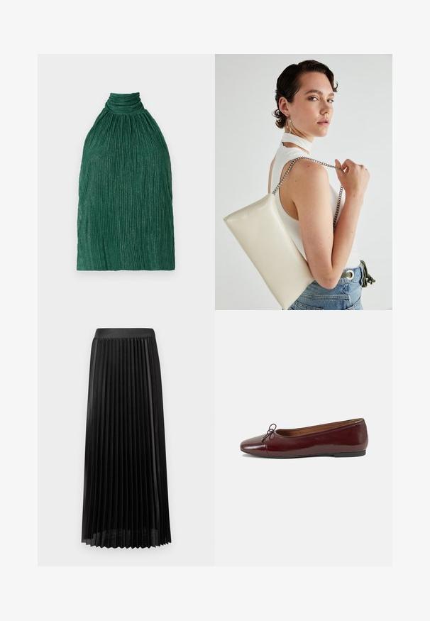 Zöld, pliszírozott felső, magas nyakkal. Texturált anyagból készült, gyűjtött dizájnnal és függőleges bordákkal a további dimenzió érdekében.; Hajtatott fekete szoknya sima derékkal, könnyű anyagból készült. Éles, függőleges hüvelykujjakkal és középhosszúságú kialakítással rendelkezik.; Burgundi lakkbőr balettcipő kerek orral, elöl kis masni díszítéssel és alacsony, fekete gumi talppal. Simára csiszolt felület.; Fehér, téglalap alakú, fényes anyagból készült clutch táska, ezüst láncos pánttal. A modell pózol, bemutatva a táskát egy egyszínű háttér előtt.