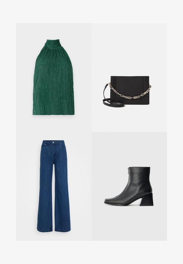 Groene geplooide top met een hoge hals. Gemaakt van textuurstof, met een verzameld ontwerp en verticale ribbels voor extra diepte.; Blauwe denim jeans met wijde pijpen en een hoge taille, voorzien van een knoop- en ritssluiting aan de voorkant, en voor- en achterzakken op een effen achtergrond.; Zwarte leren enkellaars met vierkante neus, zijrits en blokhak tegen een effen lichte achtergrond.; Zwarte leren schoudertas met een gladde textuur, rechthoekige vorm en een metallic kettingdetail aan de voorkant. Verstelbare schouderband inbegrepen.