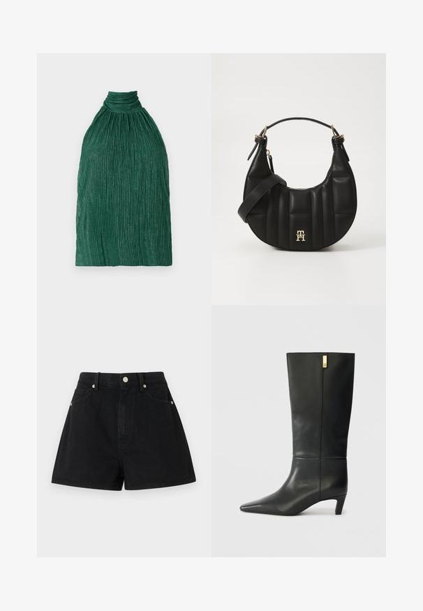 Zaļš plisēts tops ar augstu kaklu. Izgatavots no struktūrētas auduma, tam ir savilkta forma un vertikālas rievas, kas piešķir papildu dimensiju.; Melna džinsu šorti ar augstu jostasvietu, piecām kabatām, sudraba piederumiem un standarta piegriezumu, kurus raksturo gluda tekstūra un kvalitatīva apdare.; Melnas ādas ceļgala auguma zābaki ar smailu purngalu un mazu papēdi. Īpašības ietver elegantu dizainu ar zeltu akcenta detaļu. Gluda tekstūra.; Melnas ādas rokassoma ar izliekumu formu, kā arī izšūtu tekstūru un zelta aksesuāriem. Iespējas iekļauj noņemamu plecu siksnu un logo detalizāciju.