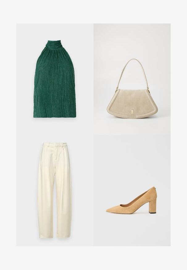 Vihreä laskostettu toppi korkealla kauluksella. Valmistettu teksturoidusta kankaasta, jossa on kerrostettu muotoilu ja pystyridat lisäämään ulottuvuutta.; Pleated, korkeavyötäröiset housut vaalean kerma värisestä kankaasta. Ominaisuuksina suora leikkaus ja sileä pinta. Ilman taskuja tai näkyviä kiinnikkeitä.; Beige mokkanahkainen korkokenkä, jossa on terävä kärki ja paksu lohko-korko. Materiaalissa on pehmeä rakenne ja sileä pinta.; Beige suède käsilaukku, jossa on pyöreän kolmion muoto, yksi hihna ja kultasävytteinen yksityiskohta edessä.