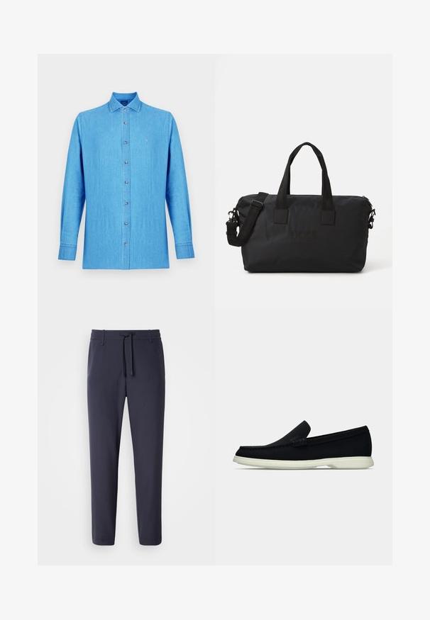 Vaaleansininen nappikiinnitteinen paita, valmistettu farkkukankaasta. Siinä on klassinen kaulus, pitkät hihat ja pieni kirjailtu logo rinnassa.; Navy jogger-housut elastisella vyötäröllä ja naruilla. Valmistettu sileästä materiaalista, jossa on kapenevat lahkeet eikä näkyviä taskuja.; Musta liukusukeltava kenkä, jossa on pyöristetty kärki, teksturoitu päällinen, sileä valkoinen pohja ja huomaamaton brändäysdetaili sivussa.; Musta nailoninen duffel-laukku, jossa on kaksi yläkahvaa ja irrotettava olkahihna. Varustettu kohokuvioidulla logolla ja sileällä pinnalla, jossa on vetoketjusuljenta.