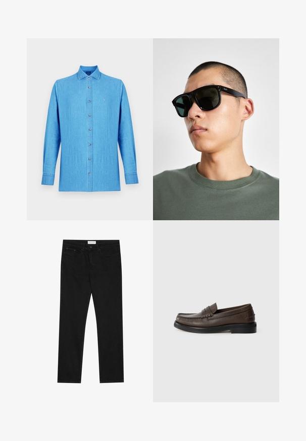 Svijetloplava košulja na kopčanje od trapera. Ima klasični ovratnik, duge rukave i mali izvezeni logo na prsima.; Crne ravne traperice s pet džepova, zatvaranje na gumbe i patentni zatvarač, te oznakom marke Pier One na pojasu.; Smeđi kožni mokasin s ušivenim detaljem na prstu, ravnim potplatom i niskom slojevitom petom. Glatke teksture s minimalističkim dizajnerskim elementima.; Crne pravokutne sunčane naočale s tamnim lećama, koje imaju upečatljiv oblik i brend na ručki. Nosene od strane osobe u zelenoj košulji.