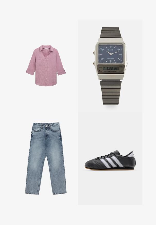 TOM TAILOR STRUKTURIERTE - Button-down blouse - pink velvet; Light blue denim jeans with a straight leg cut, visible stitching, five pocket design, and a button closure at the waist.; Black leather sports shoe with white stripes, round toe, flat sole, and lace closure. Features perforations for breathability.; Casio digital watch with a blue dial, silver case, and layered black rubber strap. Displays time and alarm settings. Water resistant.