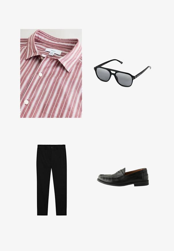 Maroon and white striped collared shirt, cotton material, featuring a button closure, chest pocket, and a brand label on the collar.; White cotton tank tops, sleeveless design, round neck, plain texture, featuring a soft, lightweight fabric. Two pieces displayed.; Black tailored trousers with button closure, belt loops, and slim straight legs, displayed on a white background.; Black leather loafers with a smooth finish, rounded toe, hand-stitched detailing, and a low rubber sole. Classic and versatile design.; Black sunglasses with rectangular frames, gray tinted lenses, and a bridge cutout design. Sleek, glossy plastic material, with narrow temples.