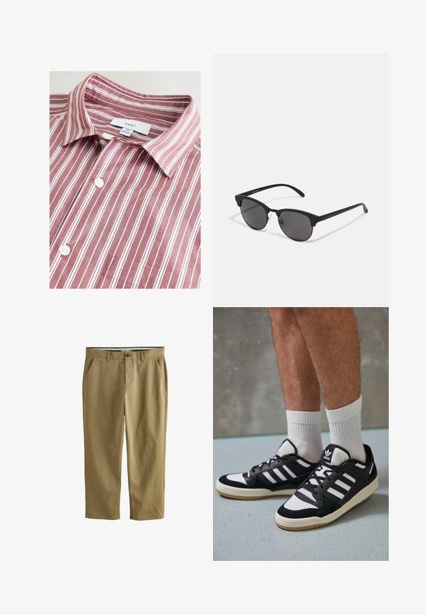 Bordo ja valge triibuline kaelariga särk, puuvillane materjal, millel on nööpidega sulgemine, rinnaekraan ja brändi silt kaeluses.; Khaki chinos, mis on valmistatud puuvillasegistusest, sisaldavad kahte külgtaskut, nööbikinnitust, sirgeid jalgu ja sujuvat tekstuuri.; Mustvalged ja valged spordijalatsid, mille pealmine osa on valmistatud suede'ist ja nahast. Kingadel on kolm valget riba, auguline varvas ja kummist tald.; Mustad prillid ümmarguste läätsedega, mati viimistlusega ja iseloomuliku kassisilma kujuga. Peened sangad, millel on vasakul templil diskreetne brändingu märk.; Kerge beeži kangast ostukott, millel on kaks tugevat kätet, kontrastne valge ääris ja must kiri "THE NORTH FACE" ees.; Valge pärlkaelakee, millel on ühtlane ümar kuju, sile pind ja metallist kinnitusbüts koos pikendusahelaga reguleeritava pikkuse jaoks.