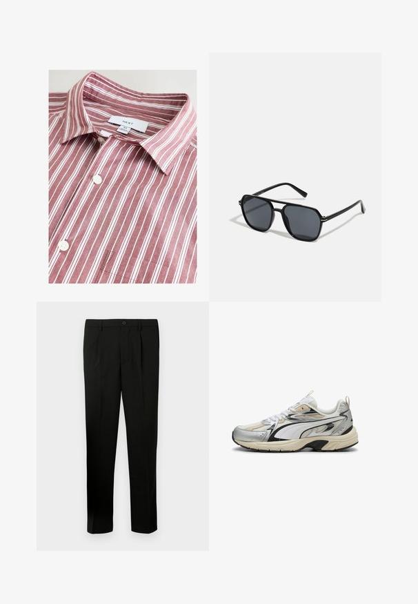 Camisa con cuello a rayas marrón y blanca, de material de algodón, que presenta un cierre de botones, bolsillo en el pecho y una etiqueta de la marca en el cuello.; Pantalones negros ajustados con frente plano, dos pliegues, cierre de botón, bolsillos laterales y corte recto. Fabricados con una tela suave.; Zapatillas con un diseño en plata, blanco y negro, fabricadas con materiales de malla y sintéticos, suela texturizada y acentos contrastantes.; Gafas de sol negras con montura octogonal, lentes oscuros, acabado brillante, varillas delgadas y acentos dorados en la parte frontal.; Bolso tote de lona beige con dos asas, que presenta un gran texto de logo en marrón oscuro "THE NORTH FACE" y un elemento de diseño semicircular.