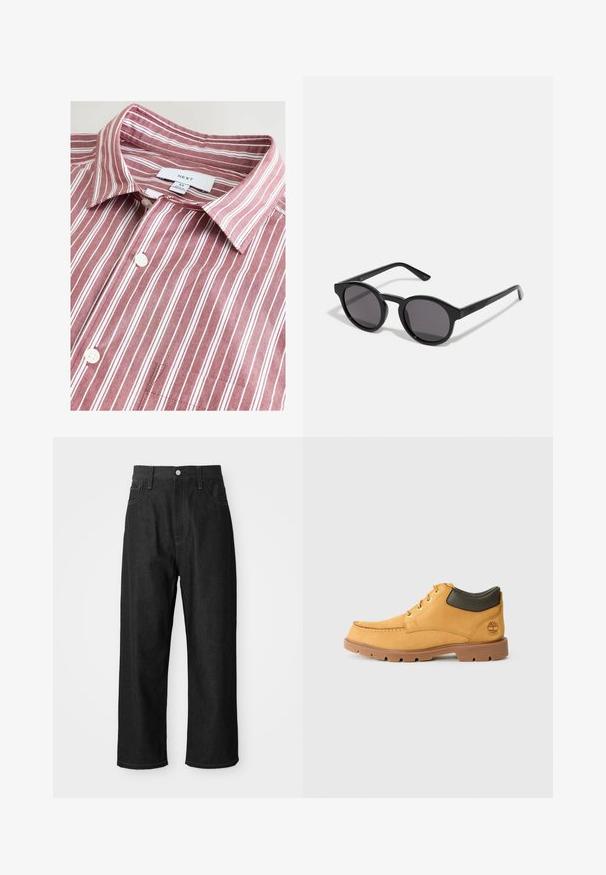 Gestreiftes Hemd in Kastanienbraun und Weiß mit Kragen, aus Baumwollmaterial, mit Knopfverschluss, Brusttasche und einem Markenetikett am Kragen.; Schwarze Jeanshose mit relaxtem Schnitt, hohem Bund, Reißverschluss und Fünf-Taschen-Design. Sichtbare Nähte setzen Akzente.; Gelbes Leder-Schuhwerk mit brauner Gummisohle, runder Zehenpartie und grünem Lederdetail am Knöchel. Verfügt über goldene Ösen und Nähakzente.; Schwarze Sonnenbrille mit einem runden, leicht gewellten Rahmen, dunklen Gläsern und geraden schwarzen Bügeln. Glatte, glänzende Oberfläche ohne sichtbare Muster.