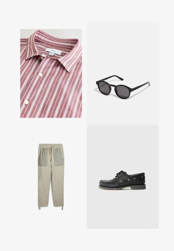 Koszula w prążki w kolorach maroon i białym, wykonana z bawełny, z zapięciem na guzik, kieszenią na piersi oraz metką marki na kołnierzu.; Beżowe spodnie z elastycznym paskiem, sznurkiem, dwoma dużymi przednimi kieszeniami w jaśniejszym odcieniu oraz regulowanymi ramiączkami przy kostkach.; Czarne teksturowane buty na sznurówki z okrągłym noskiem, metalowymi oczkami i szorstką, szaro-rubbertową podeszwą. Posiadają pleciony wzór na cholewce.; Czarne okulary przeciwsłoneczne z okrągłą, lekko falistą oprawą, ciemnymi szkłami i prostymi, czarnymi ramionami. Gładkie, błyszczące wykończenie bez widocznych wzorów.