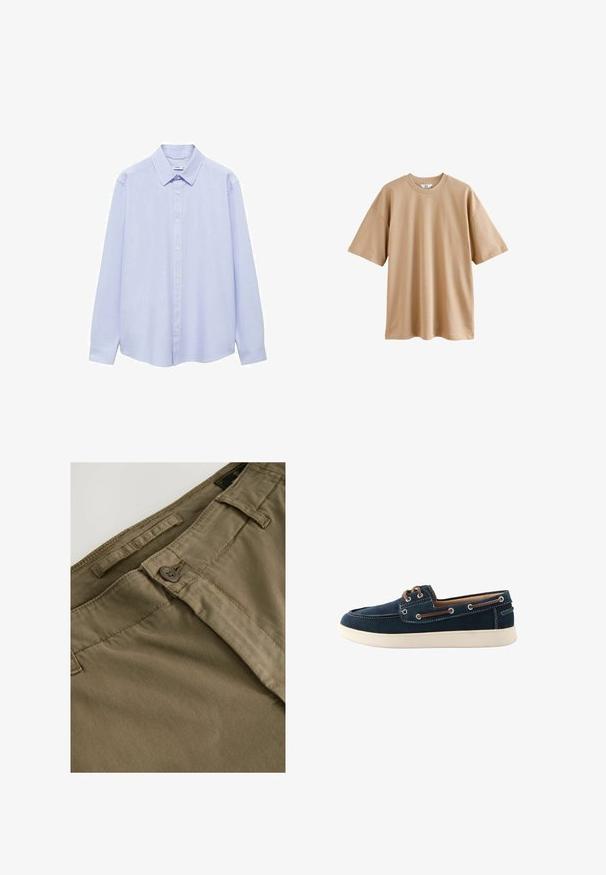 Camicia a maniche lunghe di colore azzurro chiaro in cotone, con colletto classico, apertura frontale con bottoni e maniche con polsini. Tessuto liscio senza motivi.; T-shirt beige a maniche corte in cotone con colletto rotondo e vestibilità rilassata, caratterizzata da una trama liscia e priva di motivi o dettagli decorativi.; Pantaloni khaki con una texture morbida, dotati di chiusura a bottone, passanti per la cintura e un leggero motivo a righe orizzontali sul tessuto.; Scarpe da barca blu navy in tessuto con cuciture bianche e suola in gomma. Presentano lacci e occhielli marroni. Design con punta rotonda.