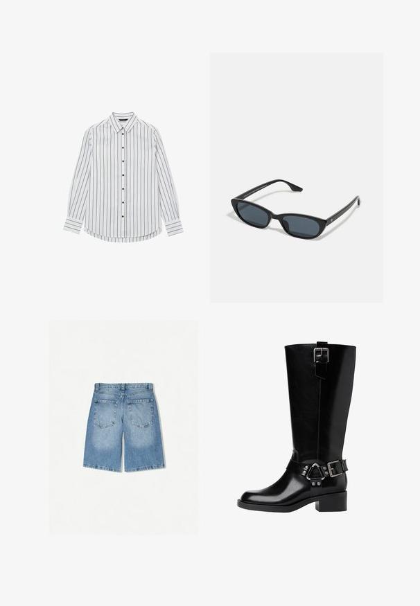Camicia bianca a maniche lunghe, con bottoni, a righe nere strette, orlo arrotondato e bottoni neri sul davanti e sui polsini. Tessuto dalla consistenza liscia.; Shorts in denim chiaro con una vestibilità rilassata. Presentano due tasche posteriori e un design a gamba dritta. Texture liscia con una leggera scoloritura.; Stivale in pelle nera fino al ginocchio con punta arrotondata, tacco spesso, cinturino regolabile con accessori in metallo e finitura lucida.; Occhiali da sole cat-eye neri con lenti scure, montatura in plastica, stanghette sottili e una leggera marca sulla parte interna del braccio. Finitura opaca.; Borsa a tracolla in pelle nera con silhouette curva, dotata di una tracolla in catena dorata e una finitura liscia e lucida.