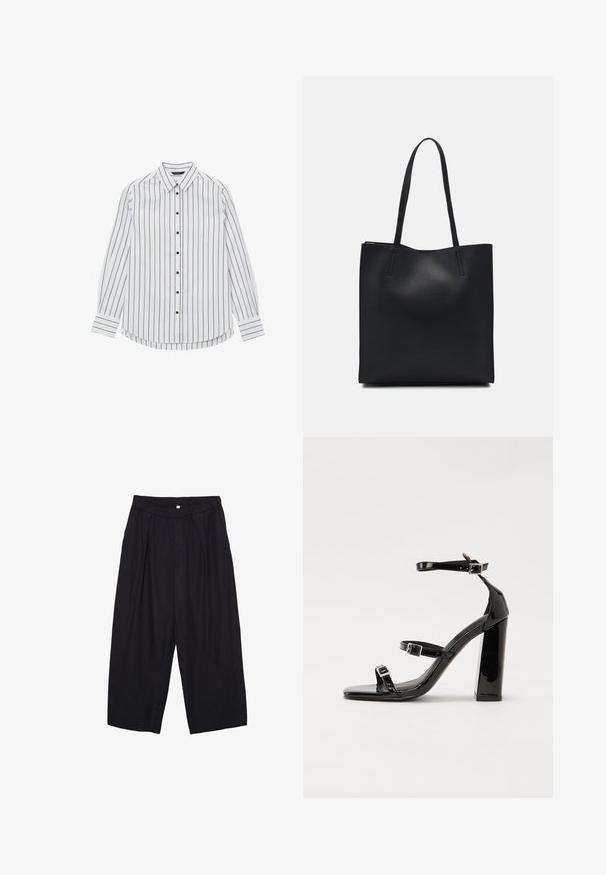 Weißes Langarmhemd mit schmalen schwarzen Streifen, abgerundetem Saum und schwarzen Knöpfen an der Vorderseite sowie an den Manschetten. Glatte Stofftextur.; Schwarze Polyester-Culotte mit einem elastischen Bund, zwei vorderen Falten und einer lockeren Silhouette. Keine sichtbaren Muster oder Hardware-Details.; Schwarze patentierte Sandalen mit Absatz, quadratischer Spitze, Knöchelriemen und silbernen Schnallen. Mit einem stabilen Blockabsatz für mehr Stabilität.; Schwarze Laptoptasche aus Leder mit glatter Textur, rechteckiger Form und zwei langen Griffen. Keine sichtbaren Beschläge oder Verzierungen.
