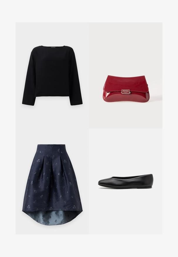 Black, long-sleeve top with a rounded neckline, made of smooth fabric. The design is cropped with a straight cut at the hem. Minimalist style.; Navy blue high-low skirt with pleats and subtle playing card suits pattern in a slightly shiny fabric.; Paul Smith TOPANGA - Ballet pumps - black; Red patent leather clutch bag with a curved design, fold-over flap, and a metal logo accent on a silver plaque. Smooth, shiny texture.