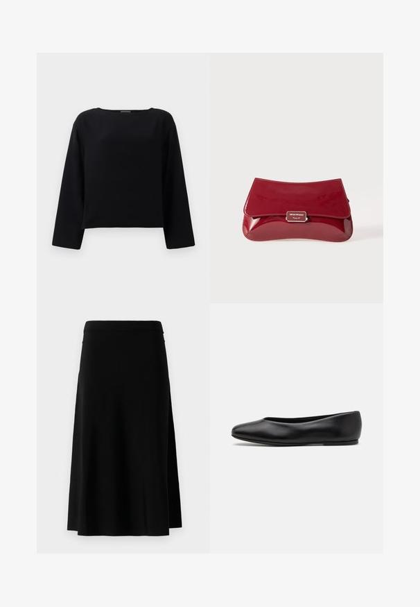 Top nero a maniche lunghe con scollatura rotonda, realizzato in tessuto morbido. Il design è cropped con un taglio dritto all'orlo. Stile minimalista.; Gonna nera al ginocchio con taglio dritto e spacco laterale, esposta su uno sfondo bianco.; Paul Smith TOPANGA - Ballerine - black; Borsa a pochette in pelle verniciata rossa con design curvo, pattina pieghevole e un accento del logo metallico su una placca argentata. Tessuto liscio e lucido.