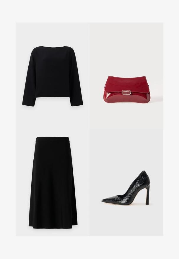 Black, long-sleeve top with a rounded neckline, made of smooth fabric. The design is cropped with a straight cut at the hem. Minimalist style.; Black knee-length skirt with a straight cut and side slit, displayed against a white background.; Black pointed-toe high heel shoe with a crocodile-skin texture, featuring a sleek design, high stiletto heel, and smooth black interior.; Red patent leather clutch bag with a curved design, fold-over flap, and a metal logo accent on a silver plaque. Smooth, shiny texture.